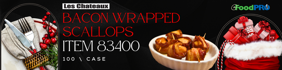 Gourmet bacon wrapped scallops by Les Chateaux, perfect for festive gatherings and fine dining.