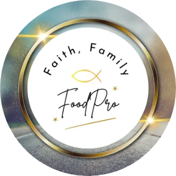 Elegant Faith Family FoodPro logo featuring a fish symbol with gold and black accents.