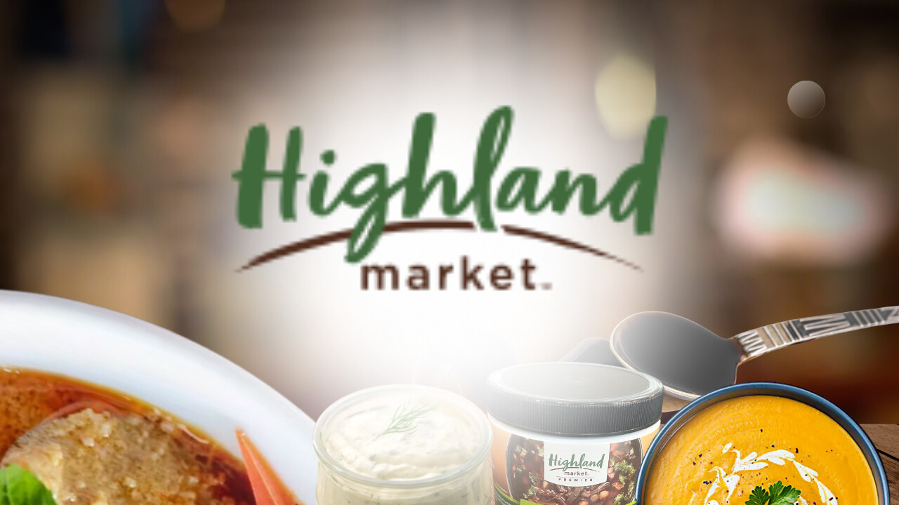 Highland Market logo with fresh culinary items, including vibrant soups and creamy dips.