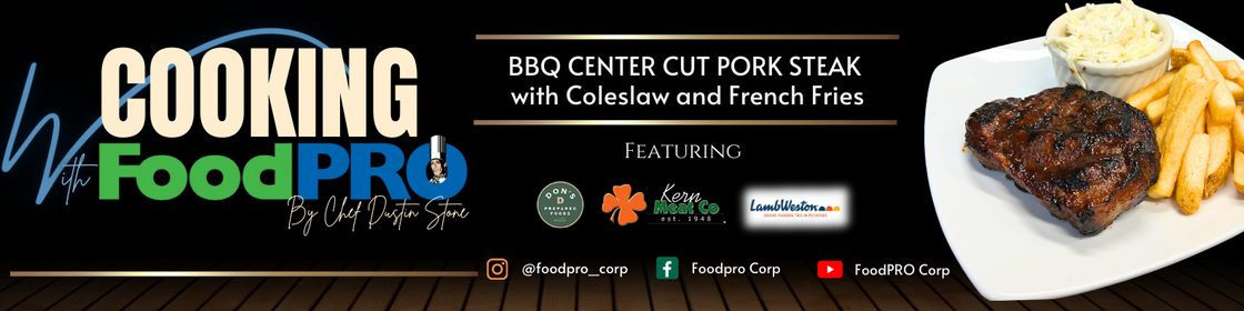 Promotional banner showcasing cooking with FoodPRO featuring BBQ Pork Steak and side dishes.