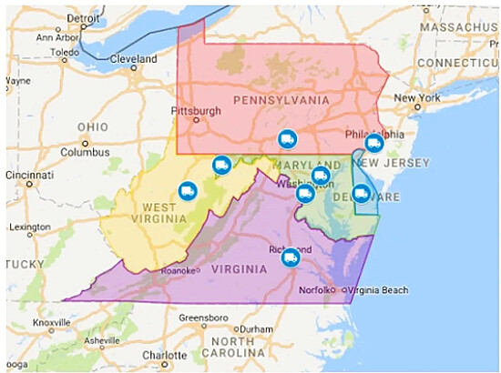 Map of northeastern United States highlighting Pennsylvania, Virginia, and transportation routes.